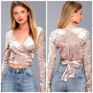 LULU’S Wrap It Up Taupe Velvet Long Sleeve Wrap Top